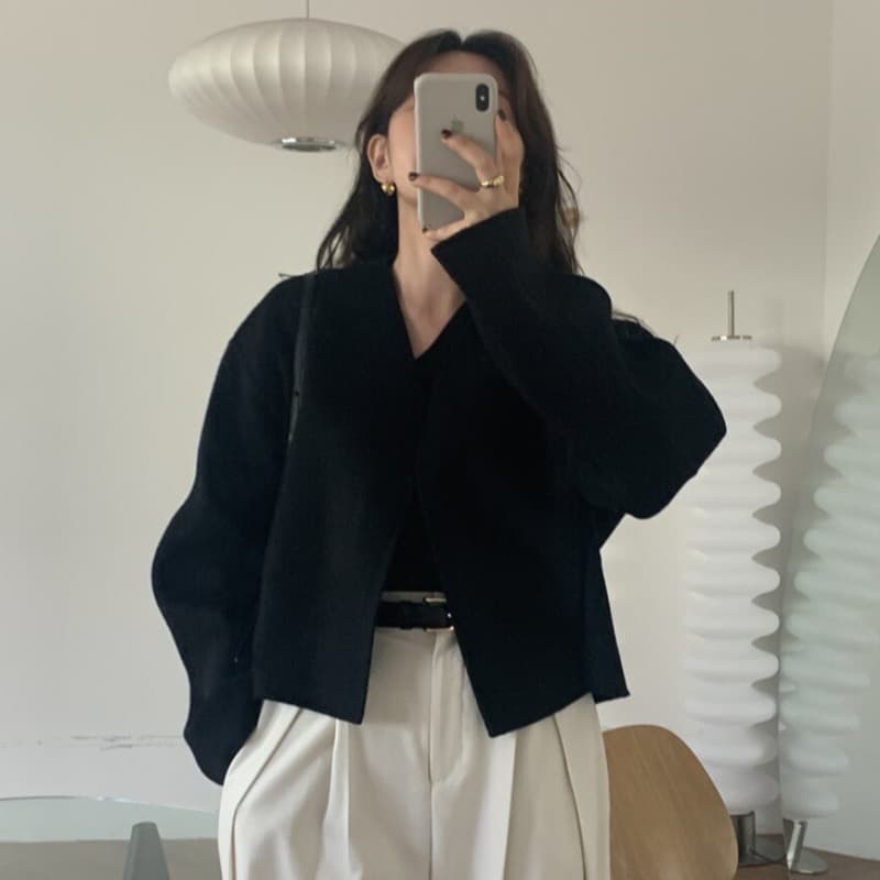 한국 동대문 봄 가을 새로운 패션 품격 미니멀리즘 작은 키 V넥 루즈핏 쇼트 스타일 모직 외투 이미지 2