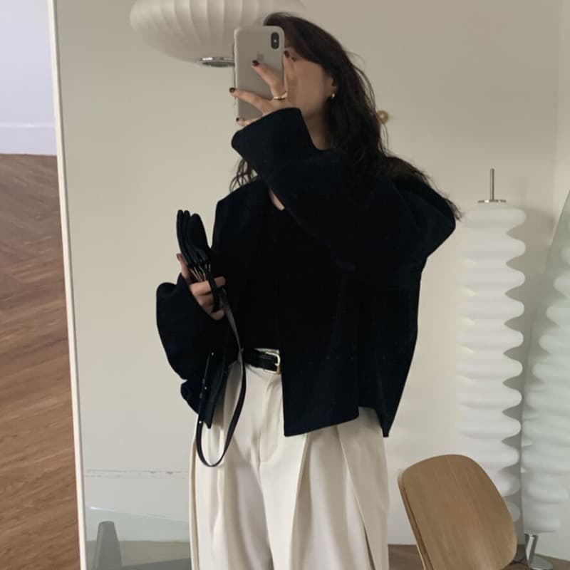 한국 동대문 봄 가을 새로운 패션 품격 미니멀리즘 작은 키 V넥 루즈핏 쇼트 스타일 모직 외투 이미지 3