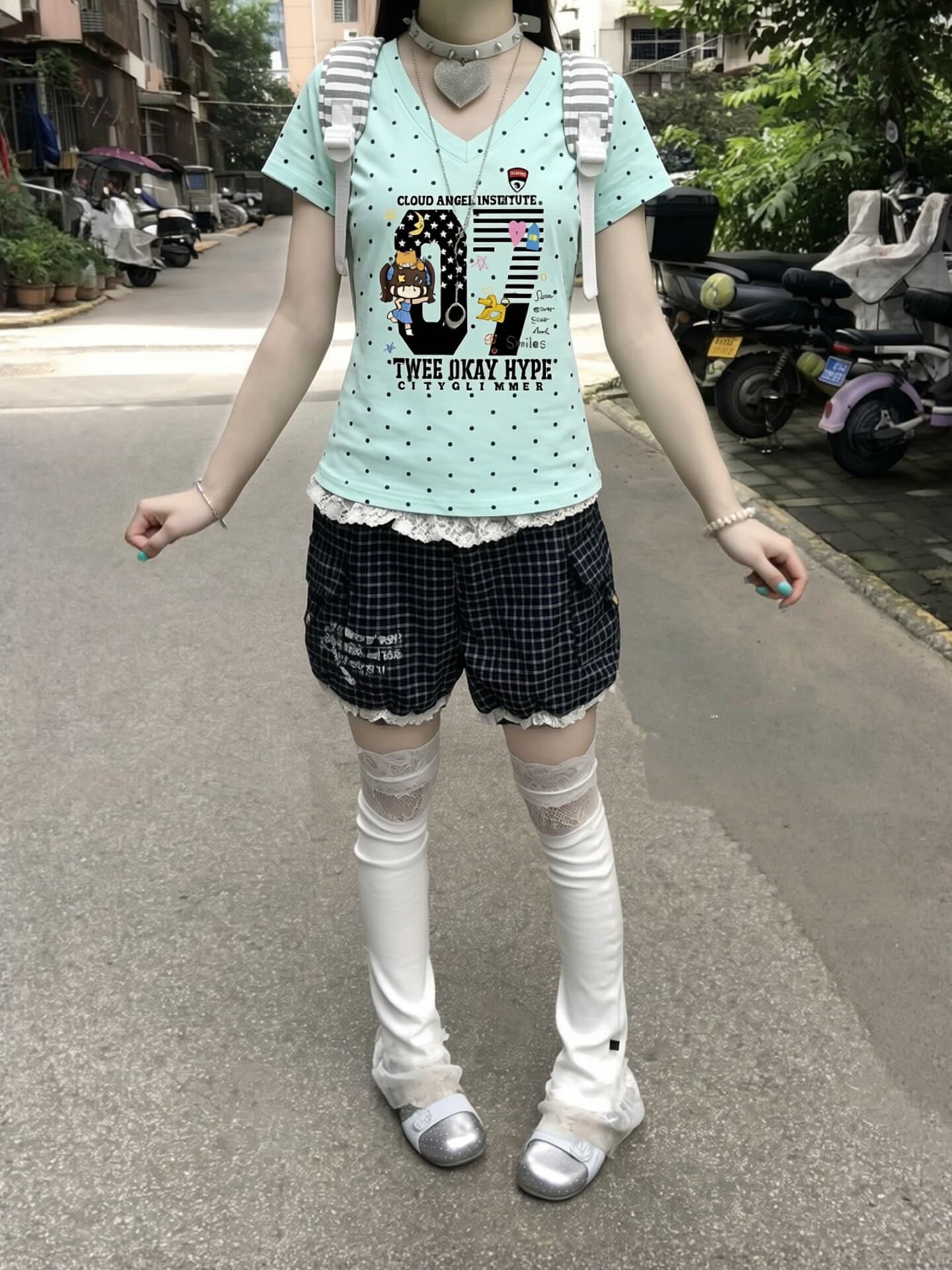 원본 것 순면 220 그램 40 오스트리아 세대 서울 음식 털 느낌 몸매 가꾸기 허리 수축 도트 무늬 프린트 V 칼라 티셔츠 이미지 4