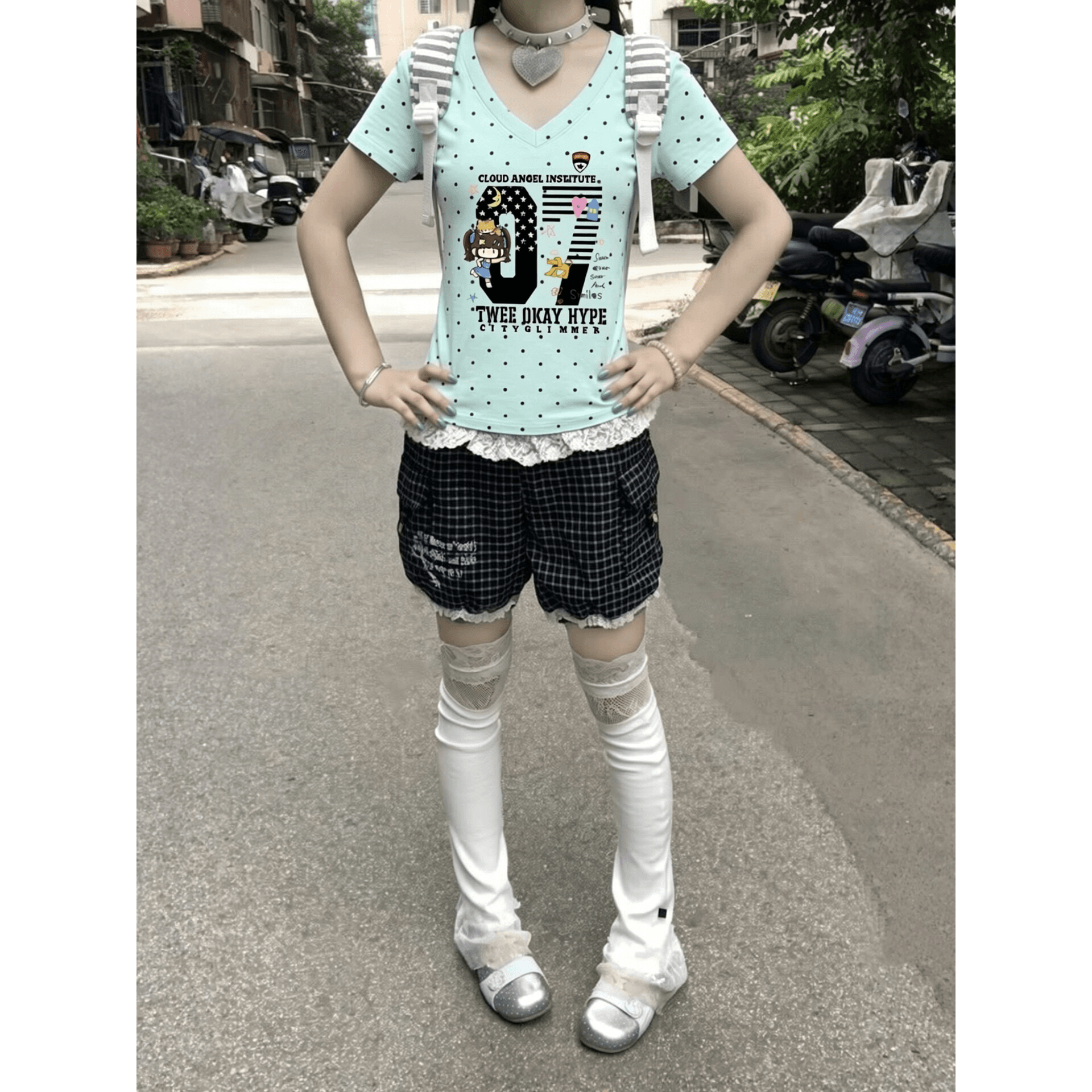 원본 것 순면 220 그램 40 오스트리아 세대 서울 음식 털 느낌 몸매 가꾸기 허리 수축 도트 무늬 프린트 V 칼라 티셔츠 이미지 5