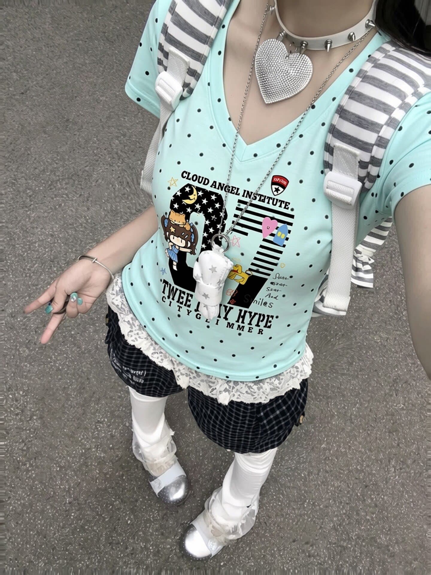 원본 것 순면 220 그램 40 오스트리아 세대 서울 음식 털 느낌 몸매 가꾸기 허리 수축 도트 무늬 프린트 V 칼라 티셔츠 상세 이미지 2