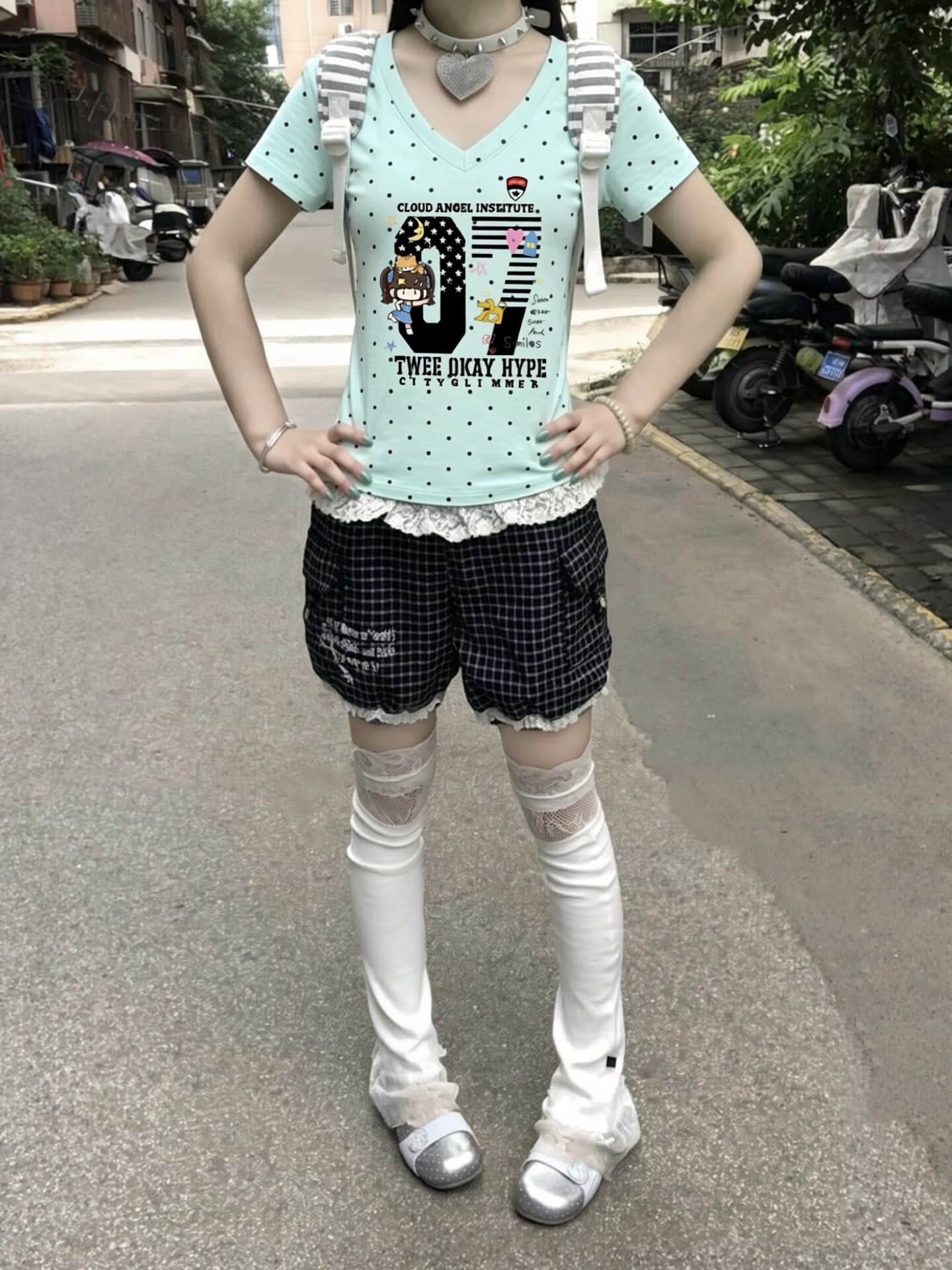 원본 것 순면 220 그램 40 오스트리아 세대 서울 음식 털 느낌 몸매 가꾸기 허리 수축 도트 무늬 프린트 V 칼라 티셔츠 상세 이미지 5