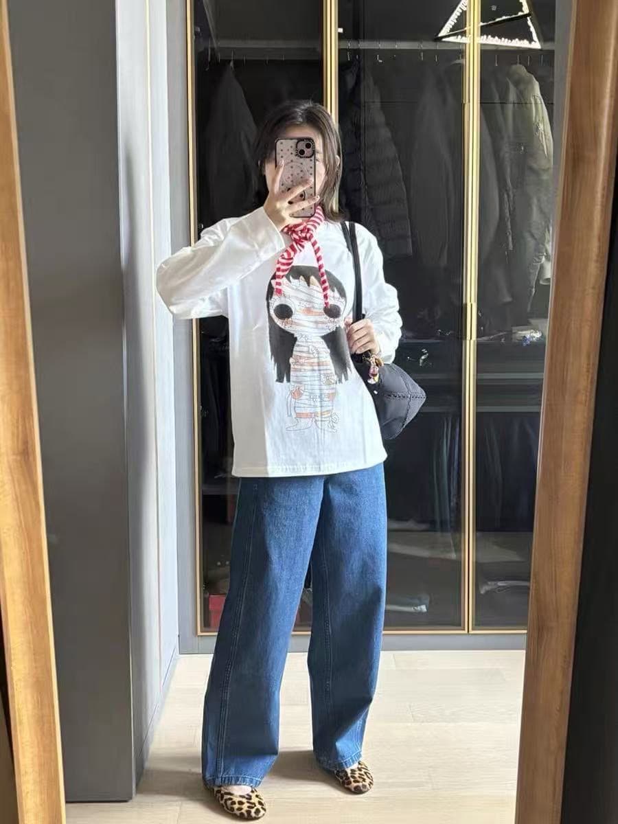 높은 품질 순면 200그램 21 빗질하다 정밀 프린트 가을 루즈핏 긴팔 티셔츠 여성 이미지 3