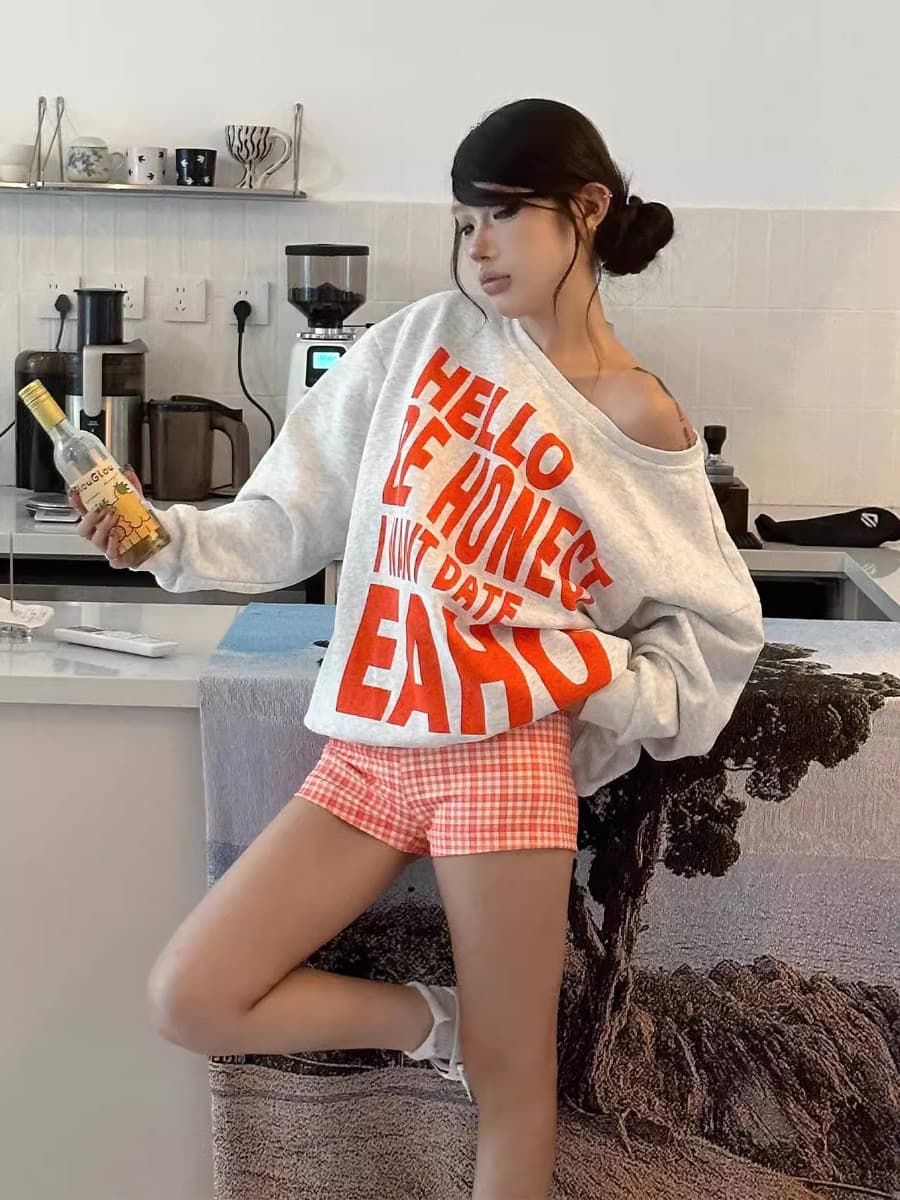 아메리칸 느긋한 chic 알파벳 프린트 비스듬한 어깨 후드티 여성 가을 새로운 느슨함 센스 루즈핏 캐주얼 맨위 이미지 2