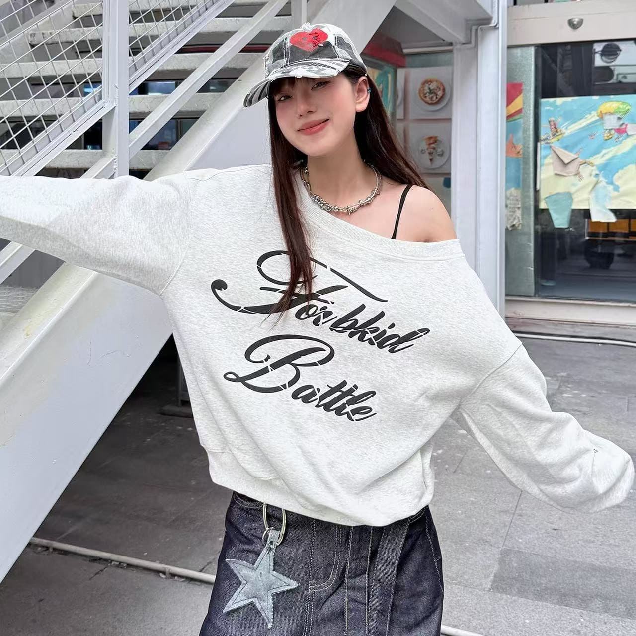아메리칸 느긋한 chic 알파벳 프린트 비스듬한 어깨 후드티 여성 가을 새로운 느슨함 센스 루즈핏 캐주얼 맨위 이미지 3