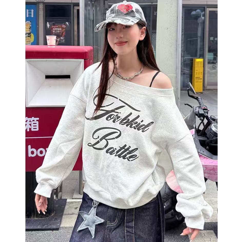 아메리칸 느긋한 chic 알파벳 프린트 비스듬한 어깨 후드티 여성 가을 새로운 느슨함 센스 루즈핏 캐주얼 맨위 상세 이미지 2