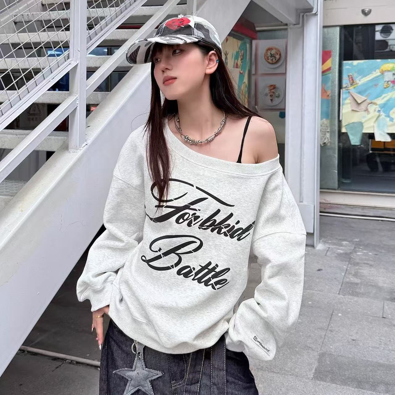 아메리칸 느긋한 chic 알파벳 프린트 비스듬한 어깨 후드티 여성 가을 새로운 느슨함 센스 루즈핏 캐주얼 맨위 상세 이미지 4