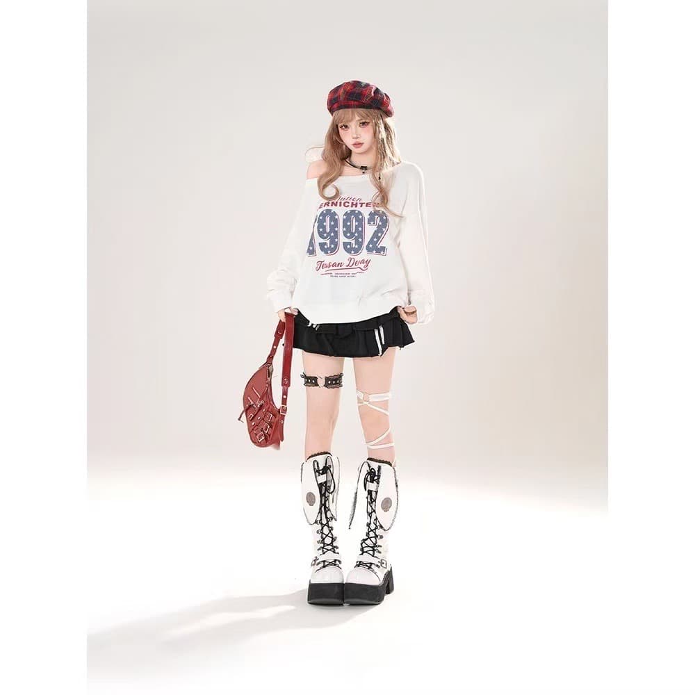 아메리칸 느긋한 chic 알파벳 프린트 비스듬한 어깨 후드티 여성 가을 새로운 느슨함 센스 루즈핏 캐주얼 맨위 이미지 2