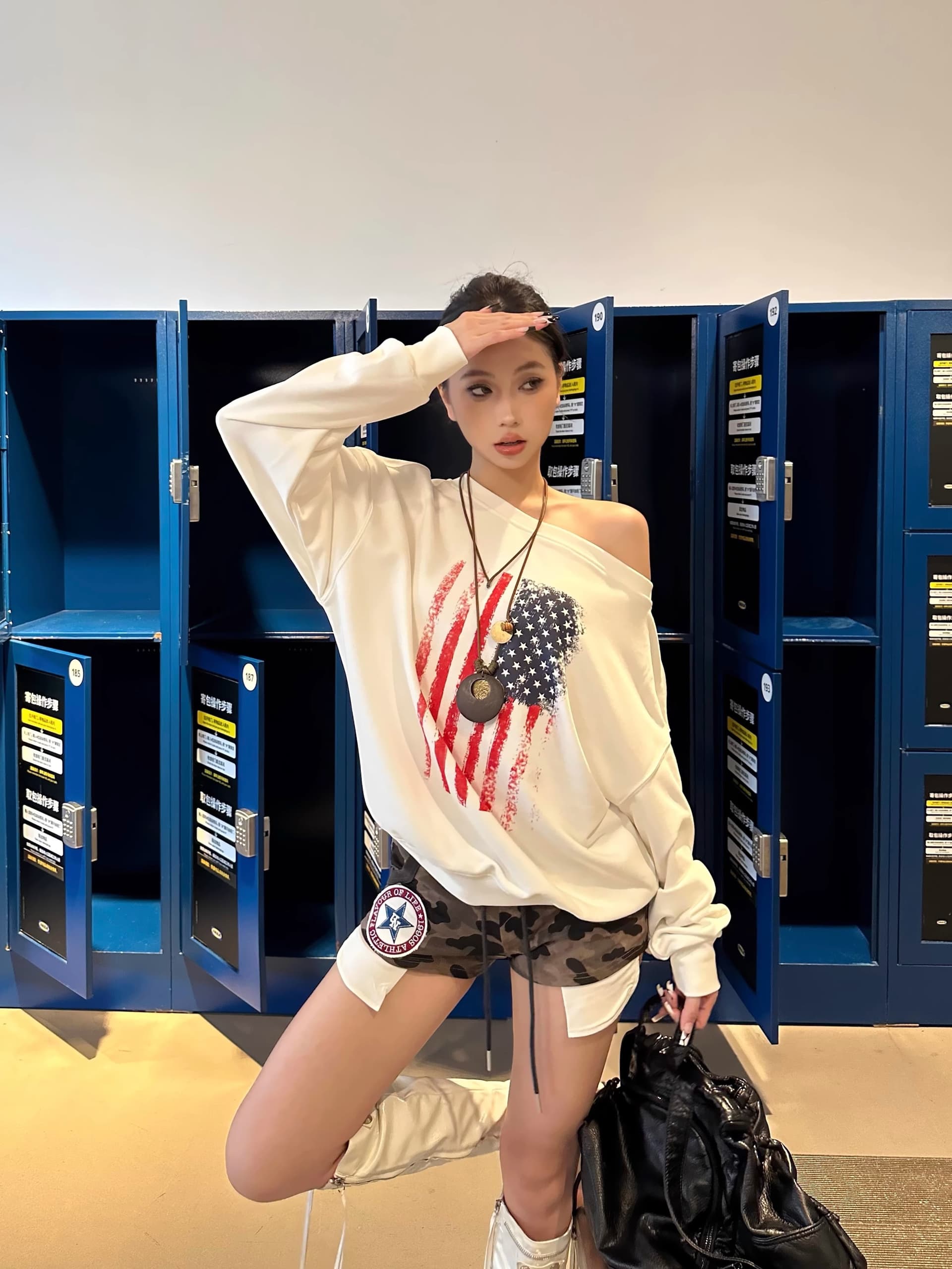 아메리칸 느긋한 chic 알파벳 프린트 비스듬한 어깨 후드티 여성 가을 새로운 느슨함 센스 루즈핏 캐주얼 맨위 이미지 2