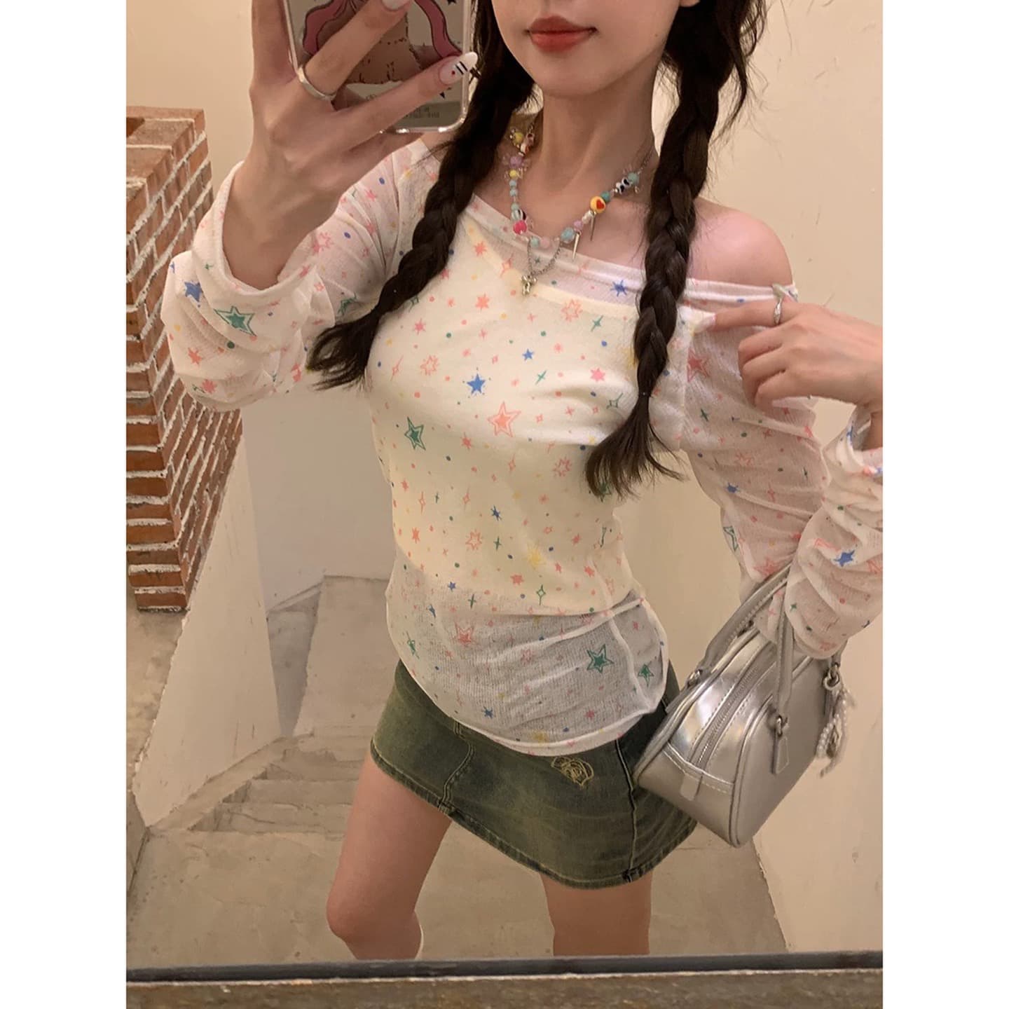 원본 품질 달콤한 차가운 핫걸 오프숄더 긴팔 별 자외선 차단 블라우스 상세 이미지 2