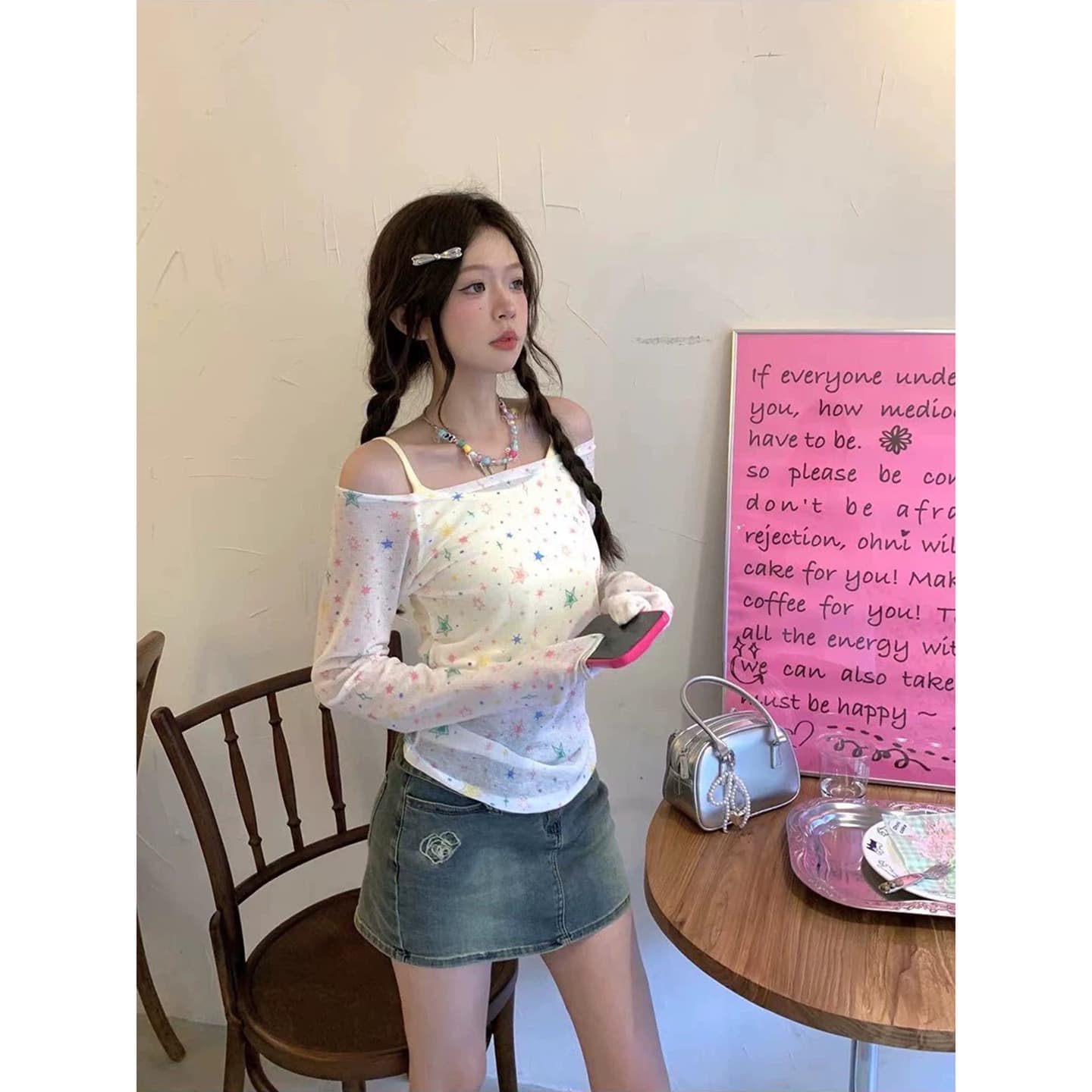 원본 품질 달콤한 차가운 핫걸 오프숄더 긴팔 별 자외선 차단 블라우스 상세 이미지 4