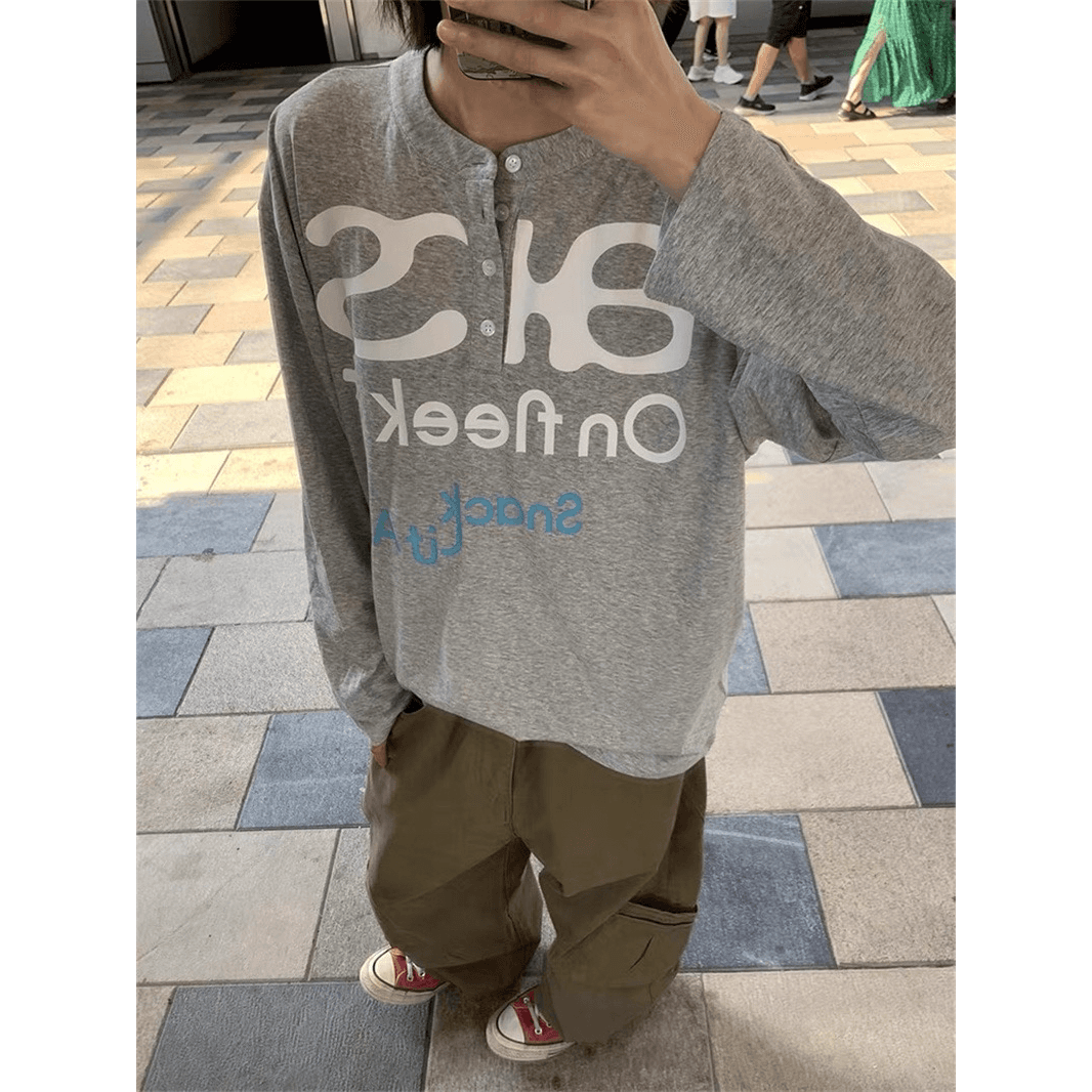 순면 32 더블 실 차가운 미끄러짐 면 260 그램 조수 브랜드 아메리칸 레트로 긴팔 티셔츠 여성 이미지 5