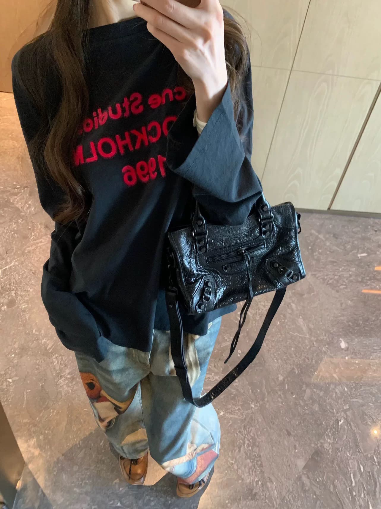 원본 솜씨 이후 패키지 칼라 순면 프린트 긴팔 티셔츠