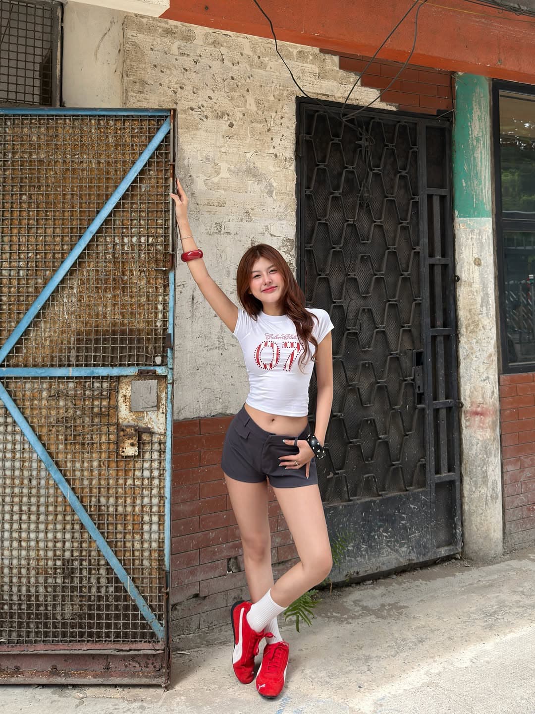 아메리칸 순면 핫걸 쇼트 스타일 라운드 넥 프린트 반팔 티셔츠 이미지 3