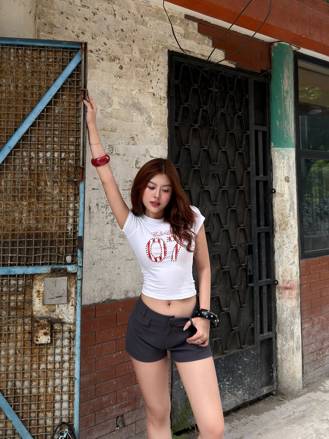 아메리칸 순면 핫걸 쇼트 스타일 라운드 넥 프린트 반팔 티셔츠 이미지 4