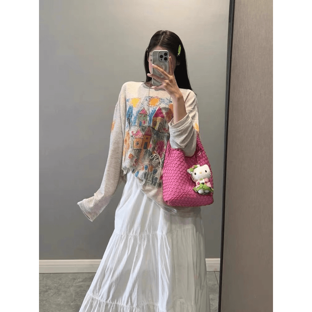 광저우 원본 원단 색상 수채화 낙서 자외선 차단 블라우스 여성 망사 루즈핏 긴팔 이미지 5