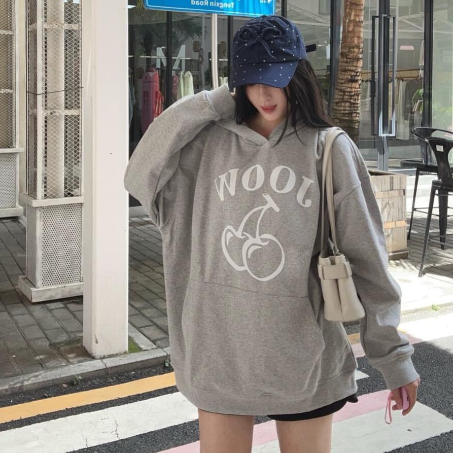 무거운 후아 면 은 여우 플러시 이중층 모자 과일 알파벳 프린트 후드 티 스웨터 이미지 4