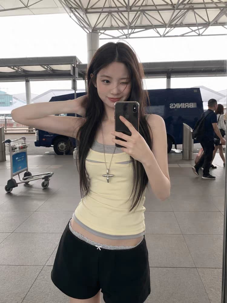 주간 실크 라이 경기 서울 170 그램 핫걸 디자인 센스 배색 홀로우 아웃 페이크 레이어드 캐미솔 상세 이미지 3