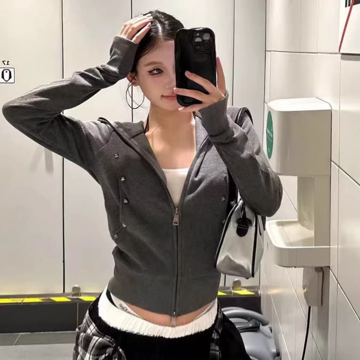 350 그램 면 리브 아메리칸 레트로 핫걸 몸매 가꾸기 후드 징 더블 머리 지퍼 쇼트 스타일 오픈 가디건