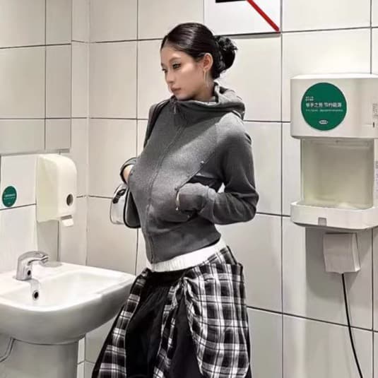 350 그램 면 리브 아메리칸 레트로 핫걸 몸매 가꾸기 후드 징 더블 머리 지퍼 쇼트 스타일 오픈 가디건 상세 이미지 4