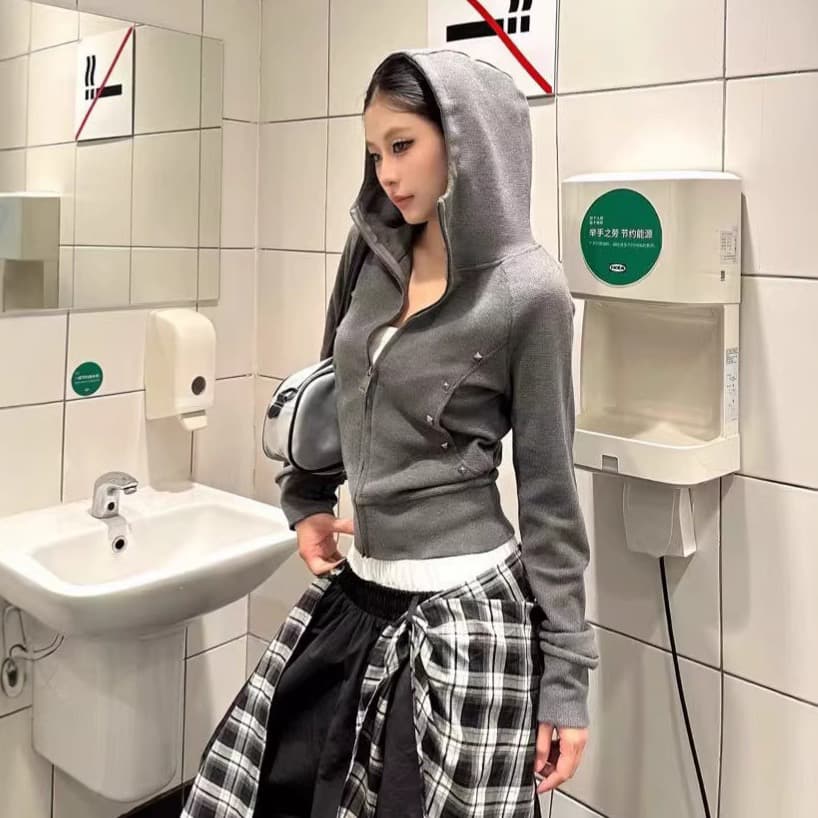 350 그램 면 리브 아메리칸 레트로 핫걸 몸매 가꾸기 후드 징 더블 머리 지퍼 쇼트 스타일 오픈 가디건 상세 이미지 5