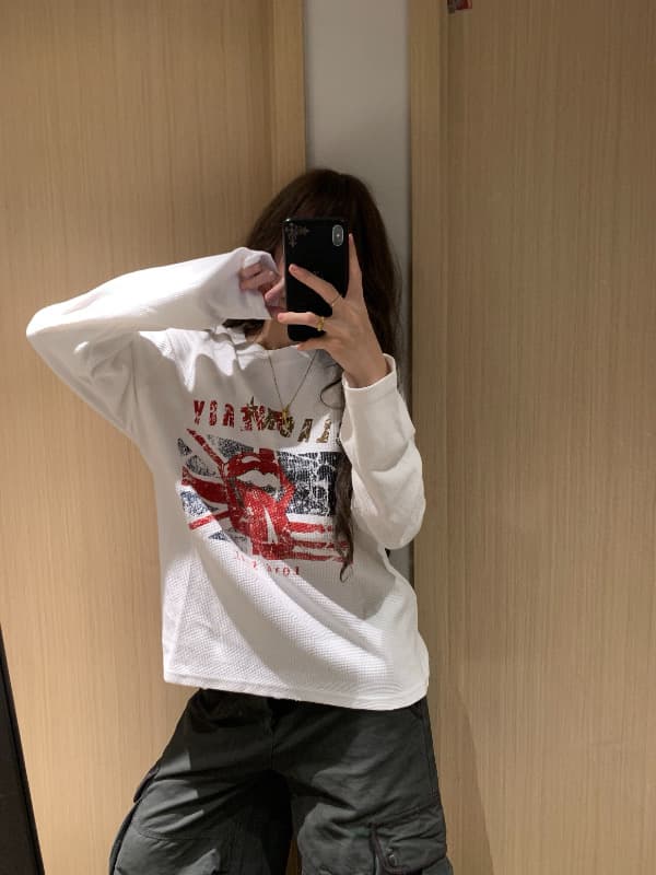 높은 품질 긴팔 티셔츠 21 순면 220 그램 이후 패키지 칼라 봄 가을 새로운 라운드 넥 프린트 상세 이미지 2