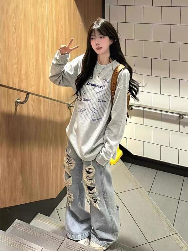소매 있음 뭉치 구두 긴팔 티셔츠 21 순면 220 그램 이후 패키지 칼라 새로운 라운드 넥 프린트