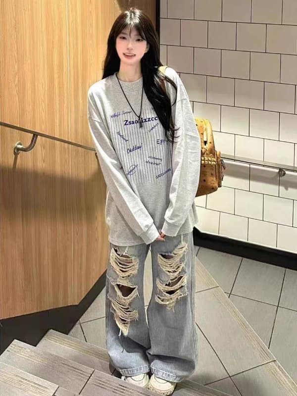 소매 있음 뭉치 구두 긴팔 티셔츠 21 순면 220 그램 이후 패키지 칼라 새로운 라운드 넥 프린트 상세 이미지 3
