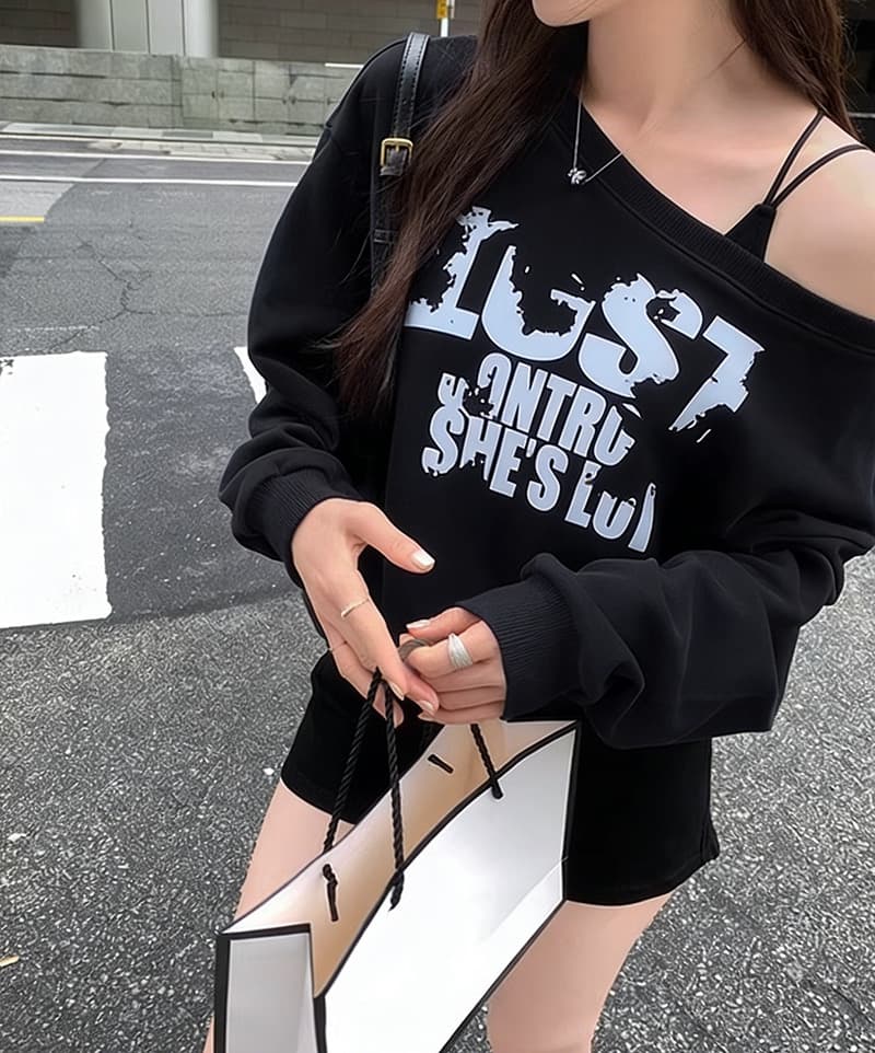 아메리칸 핫걸 슬림해 보이는 비스듬한 어깨 후드티 여성 가을 루즈핏 오프숄더 맨위 상세 이미지 1