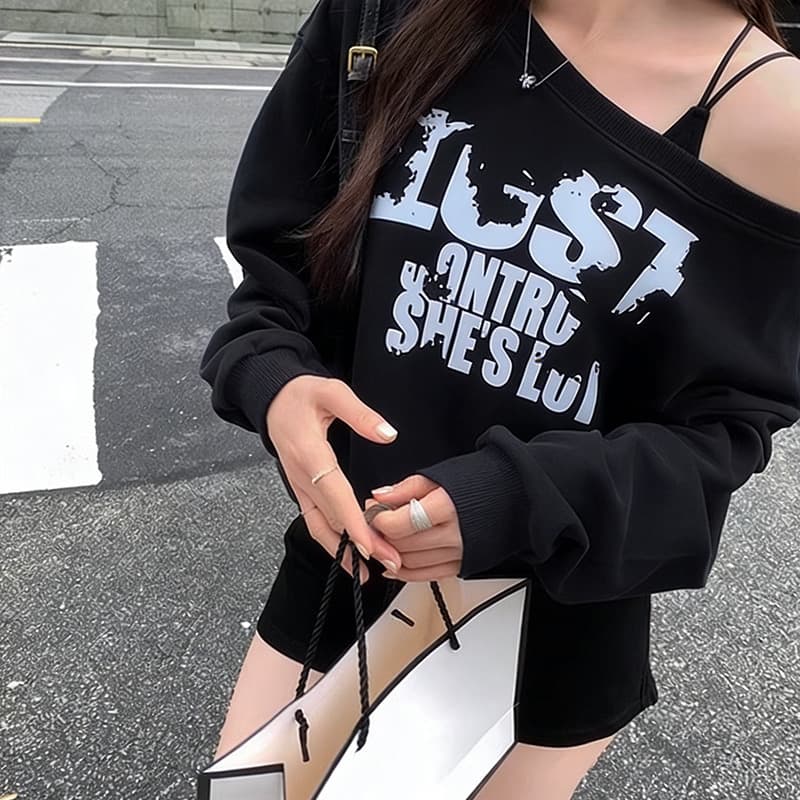 아메리칸 핫걸 슬림해 보이는 비스듬한 어깨 후드티 여성 가을 루즈핏 오프숄더 맨위 상세 이미지 3