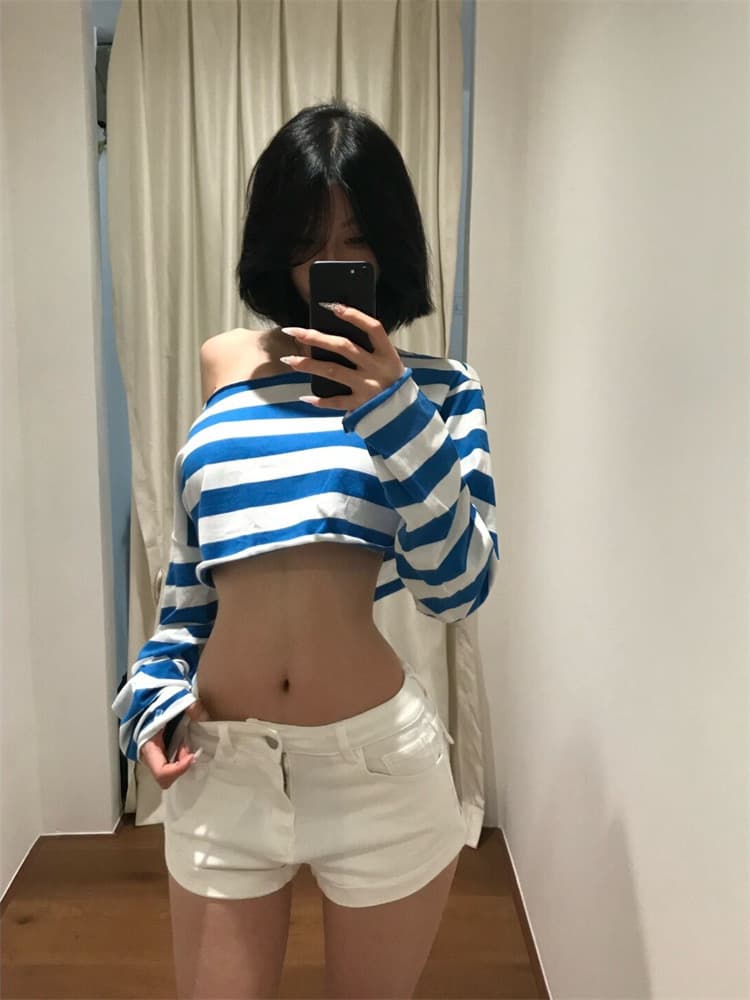 순면 당겨 프레임 파란색 스트라이프 비스듬한 어깨 긴팔 자외선 차단 티셔츠 여성 여름 블라우스 몸매 가꾸기 핫걸 이슬 뼈의 쇼트 스타일 맨위 상세 이미지 1