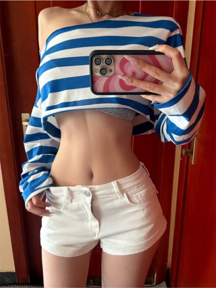 순면 당겨 프레임 파란색 스트라이프 비스듬한 어깨 긴팔 자외선 차단 티셔츠 여성 여름 블라우스 몸매 가꾸기 핫걸 이슬 뼈의 쇼트 스타일 맨위 상세 이미지 5