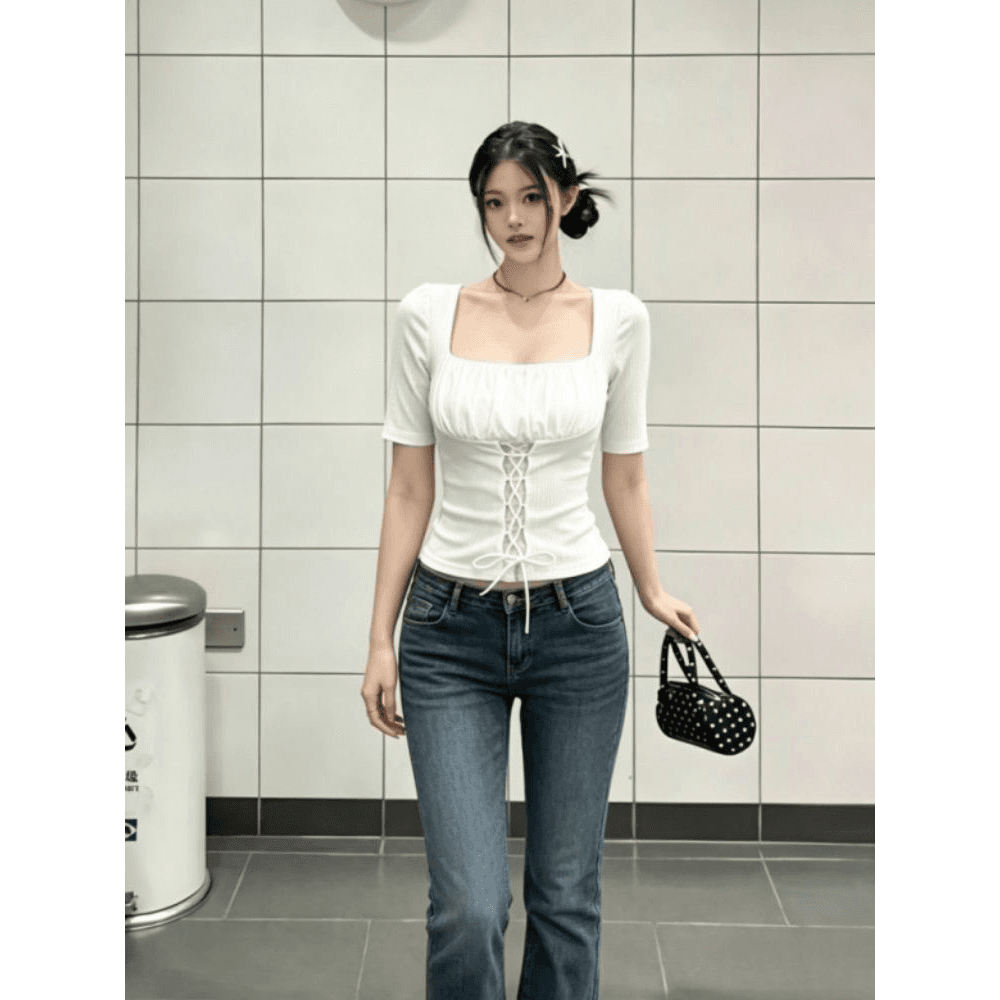 260 그램 사람들 면 모달 십자가 스트랩 레이스 조각 광장 칼라 중간 소매 티셔츠 여성 몸매 가꾸기 맨위 이미지 5