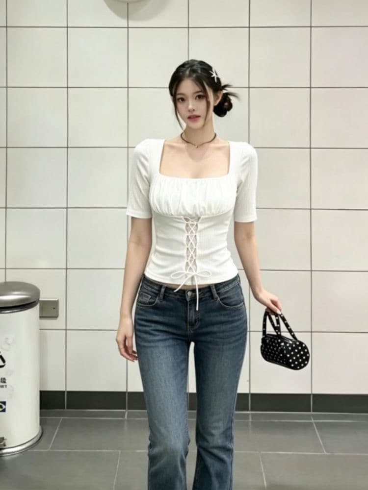 260 그램 사람들 면 모달 십자가 스트랩 레이스 조각 광장 칼라 중간 소매 티셔츠 여성 몸매 가꾸기 맨위 상세 이미지 5