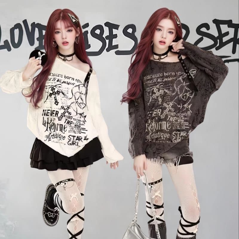 오프숄더 프린트 자외선 차단 블라우스 여성 봄 찢어진 부분 루즈핏 느긋한 바람 다용도 긴팔 맨위
