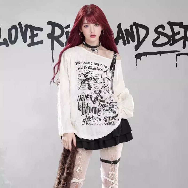 오프숄더 프린트 자외선 차단 블라우스 여성 봄 찢어진 부분 루즈핏 느긋한 바람 다용도 긴팔 맨위 이미지 2