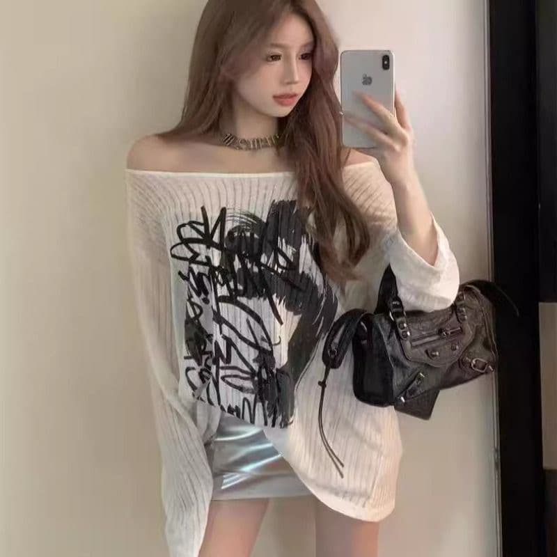 화이트 기본 셔츠 여성 여름 블라우스 낙서 프린트 긴팔 티셔츠 루즈핏 티셔츠 상세 이미지 1