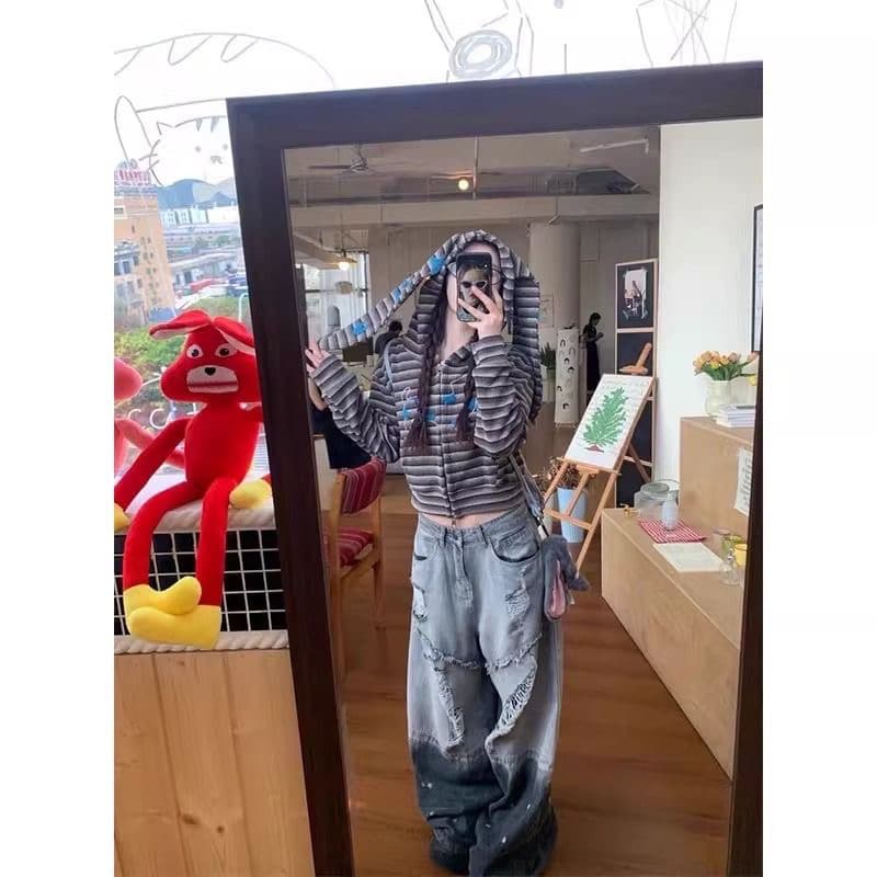 원본 원단 레트로 토끼 귀 스트라이프 여성 가을과 겨울 몸매 가꾸기 Chic 슬림해 보이는 쇼트 스타일 맨위 이미지 3