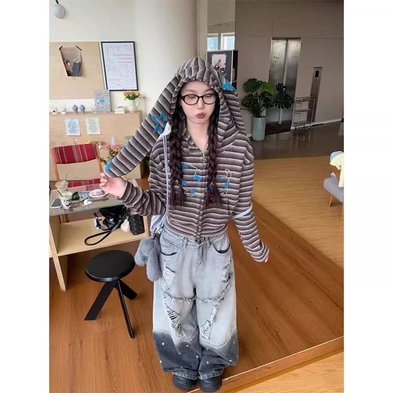 원본 원단 레트로 토끼 귀 스트라이프 여성 가을과 겨울 몸매 가꾸기 Chic 슬림해 보이는 쇼트 스타일 맨위 이미지 4