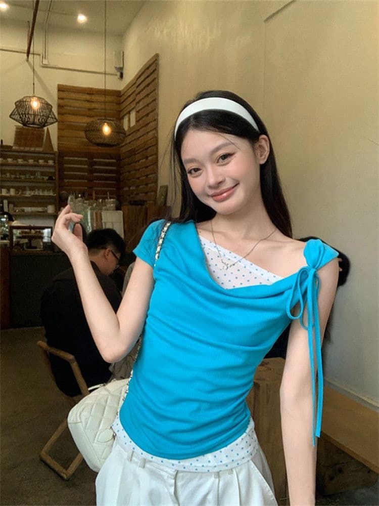 260 그램 사람들 면 모달 도트 무늬 페이크 레이어드 반팔 티셔츠 여성 몸매 가꾸기 흔들다 칼라 맨위