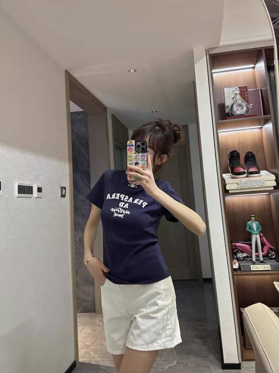 아메리칸 레트로 긍정적 인 어깨 라운드 넥 프린트 반팔 티셔츠 이미지 3
