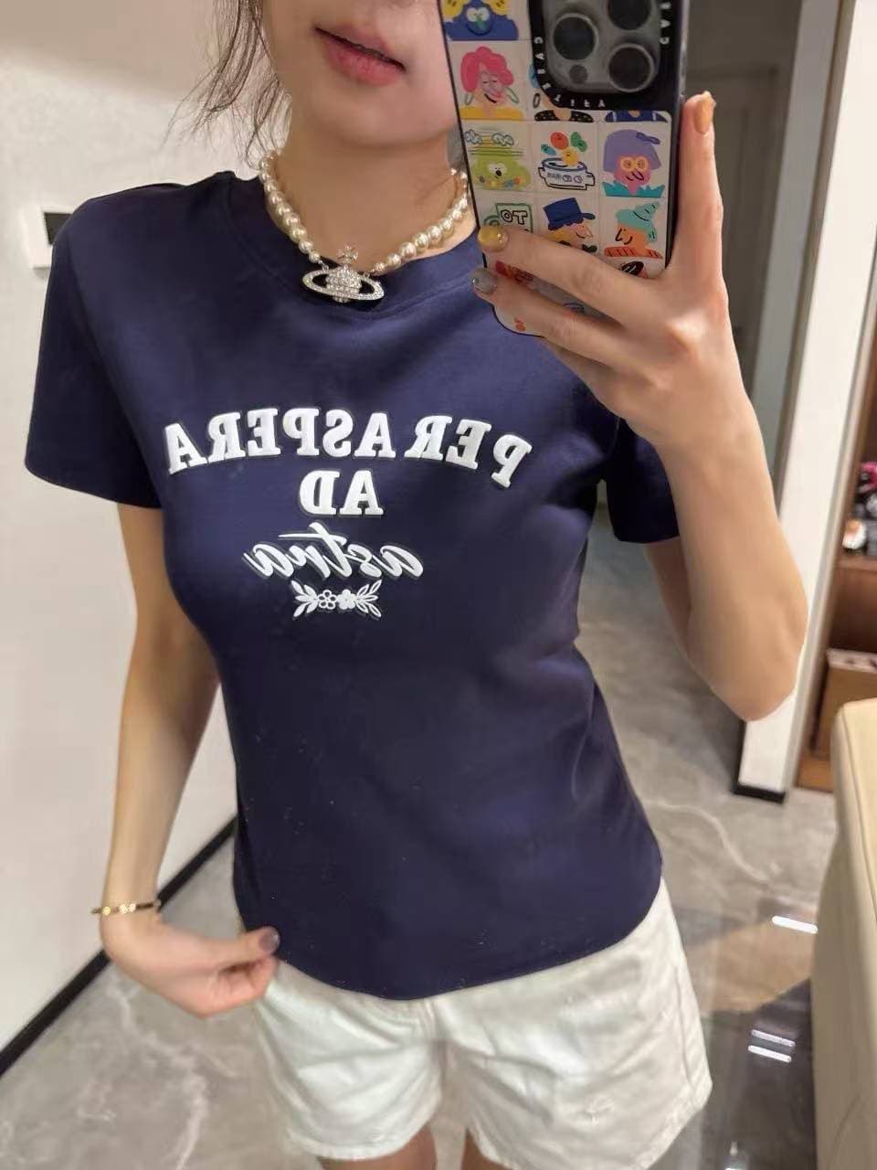 아메리칸 레트로 긍정적 인 어깨 라운드 넥 프린트 반팔 티셔츠 상세 이미지 1