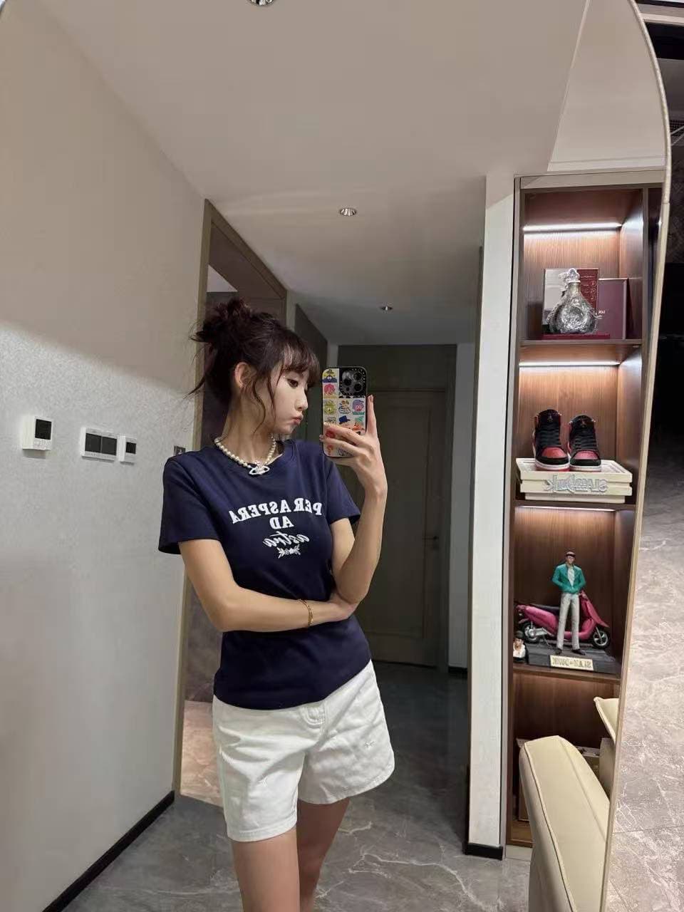 아메리칸 레트로 긍정적 인 어깨 라운드 넥 프린트 반팔 티셔츠 상세 이미지 2