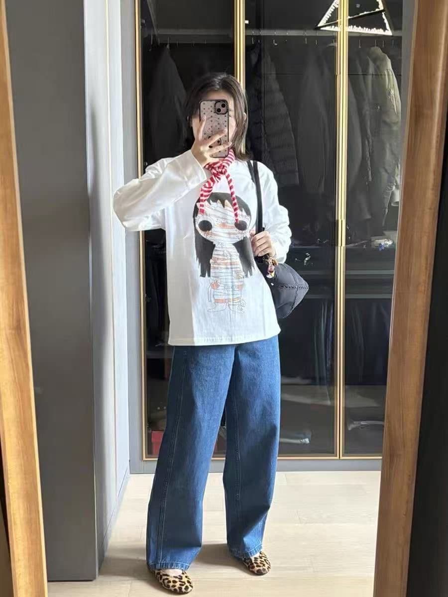한 부서 순면 빗질하다 정밀 프린트 가을 루즈핏 긴팔 티셔츠 여성 이미지 3