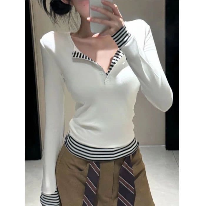 디자인 센스 핫걸 스트라이프 패치워크 티셔츠 여성 의류 가을 패치워크 반 개방 칼라 이미지 2