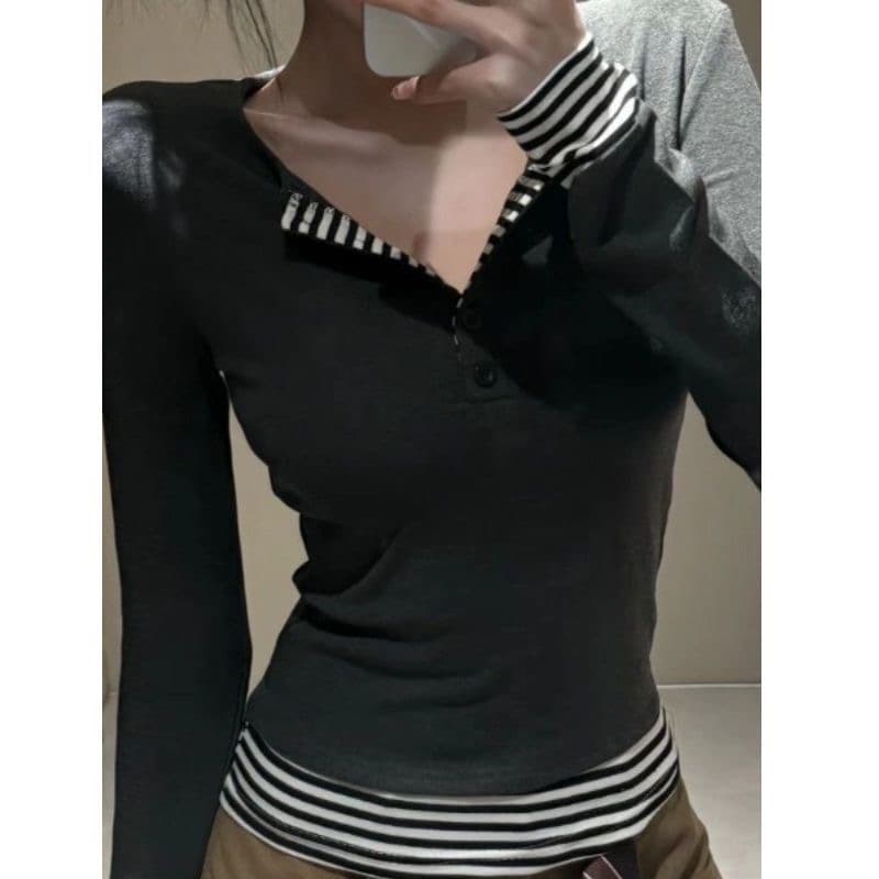 디자인 센스 핫걸 스트라이프 패치워크 티셔츠 여성 의류 가을 패치워크 반 개방 칼라 이미지 4