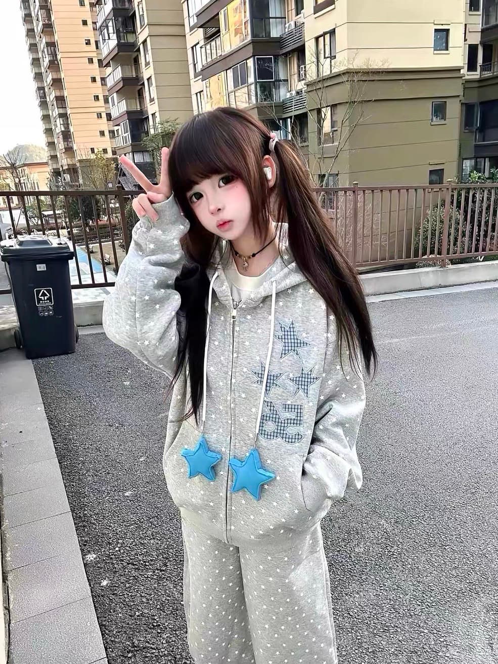 좋은 품질 원본 솜씨 자수 두 오각형 별 순수한 Mianhua 면 지퍼 후드티 이미지 2