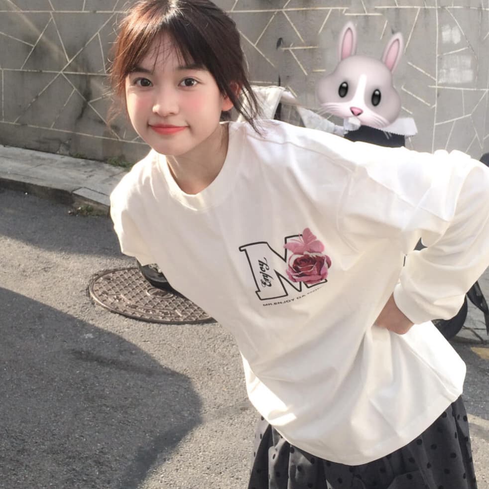 무거운 순면 빗질하다 닫기 영어 알파벳 프린트 루즈핏 긴팔 티셔츠 이미지 2