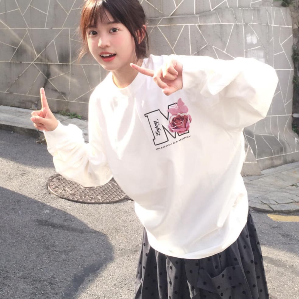 무거운 순면 빗질하다 닫기 영어 알파벳 프린트 루즈핏 긴팔 티셔츠 상세 이미지 3