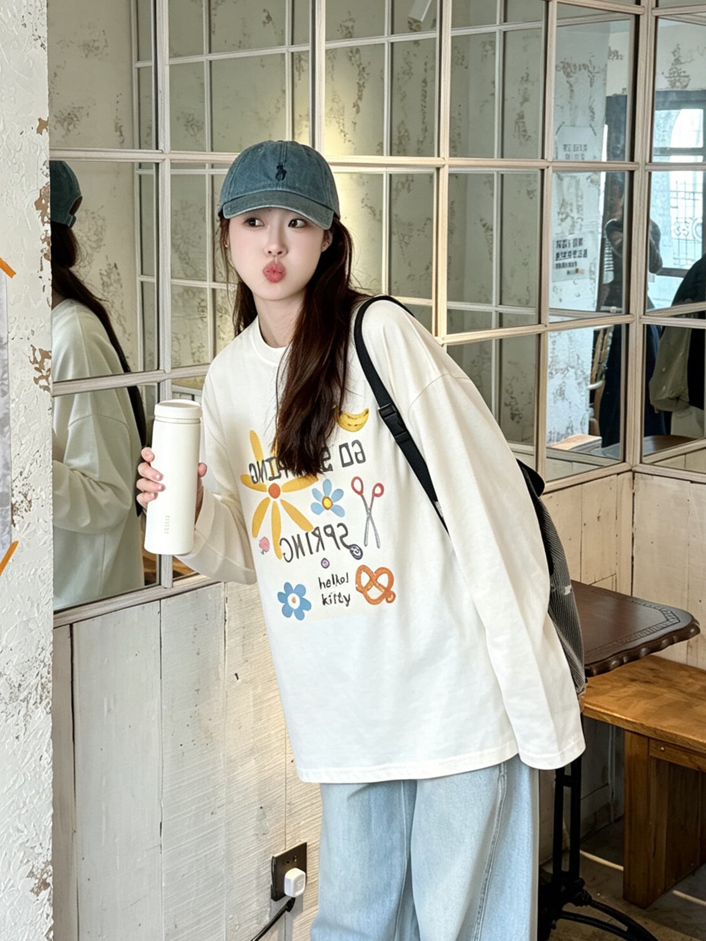 높은 품질 순면 200그램 21 빗질하다 정밀 프린트 가을 루즈핏 긴팔 티셔츠 여성 이미지 2